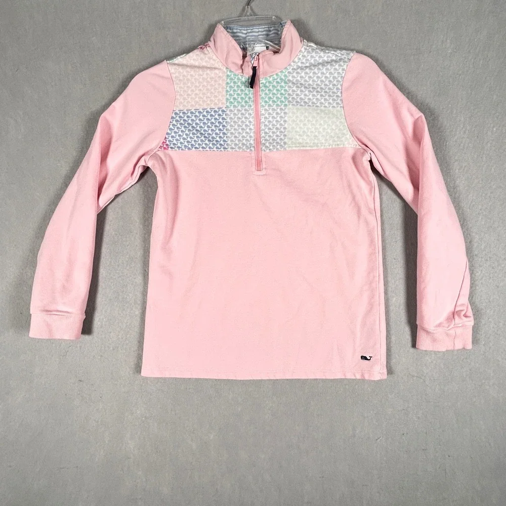 Vineyard Vines Pullover Girls L 10/12 Pink Patchwork Whale Print Quarter Zip Top